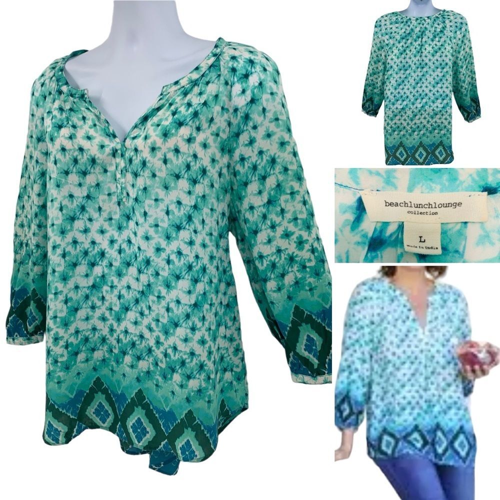 BeachLunchLounge Aqua Azetec Design 3/4 Sleeve Tunic Top Large